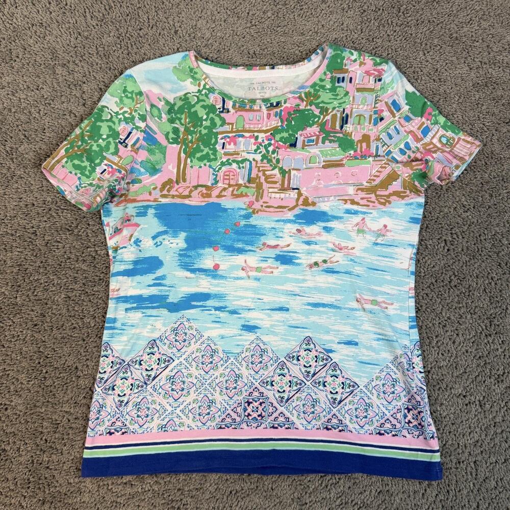 Talbots Shirt Womens M Blue Geometric Short Sleeve Crew Neck Slim Jersey